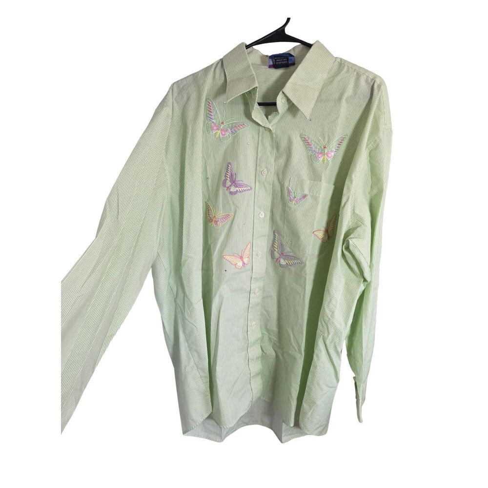 Las Olas Vintage Green Pinstripe Butterfly Embroidered Button Down Shirt 1X
